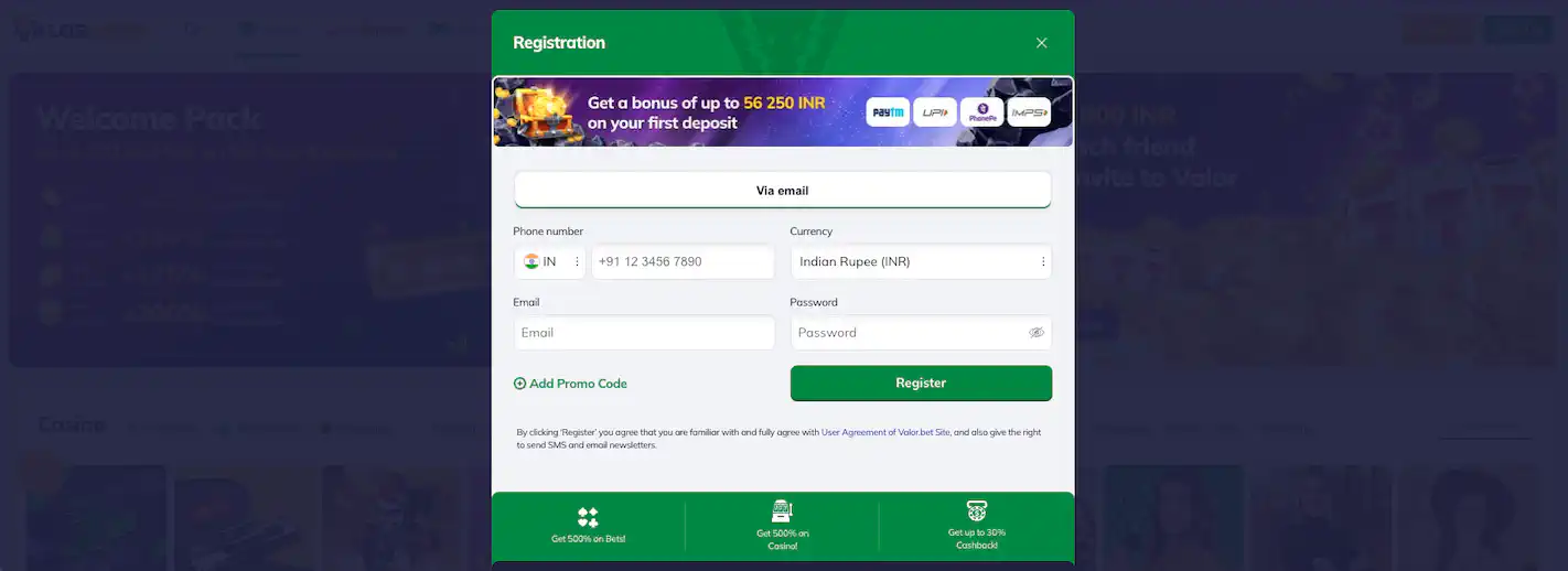 ValorBet registration guideline for Indian players