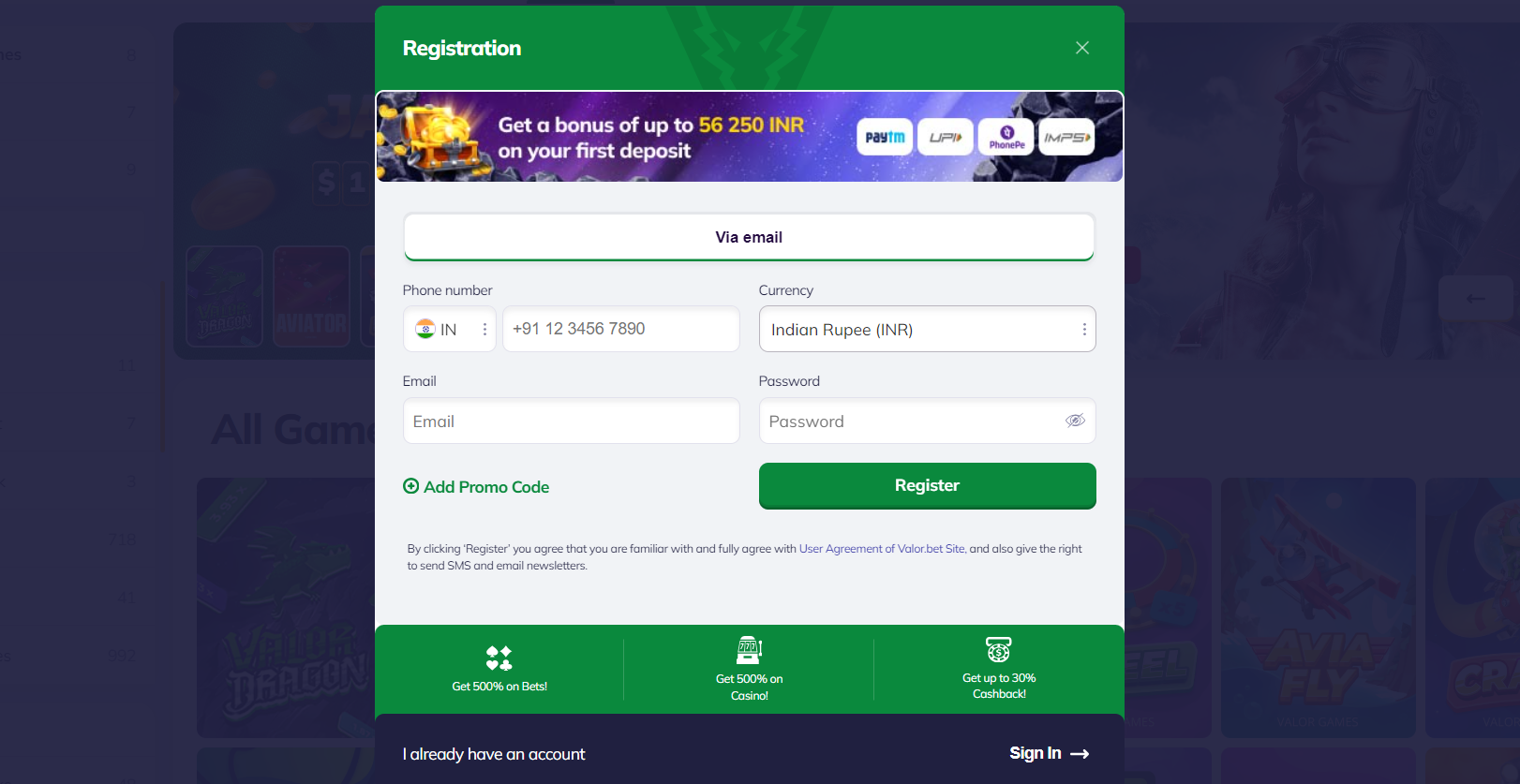 valor casino registration giude 2024